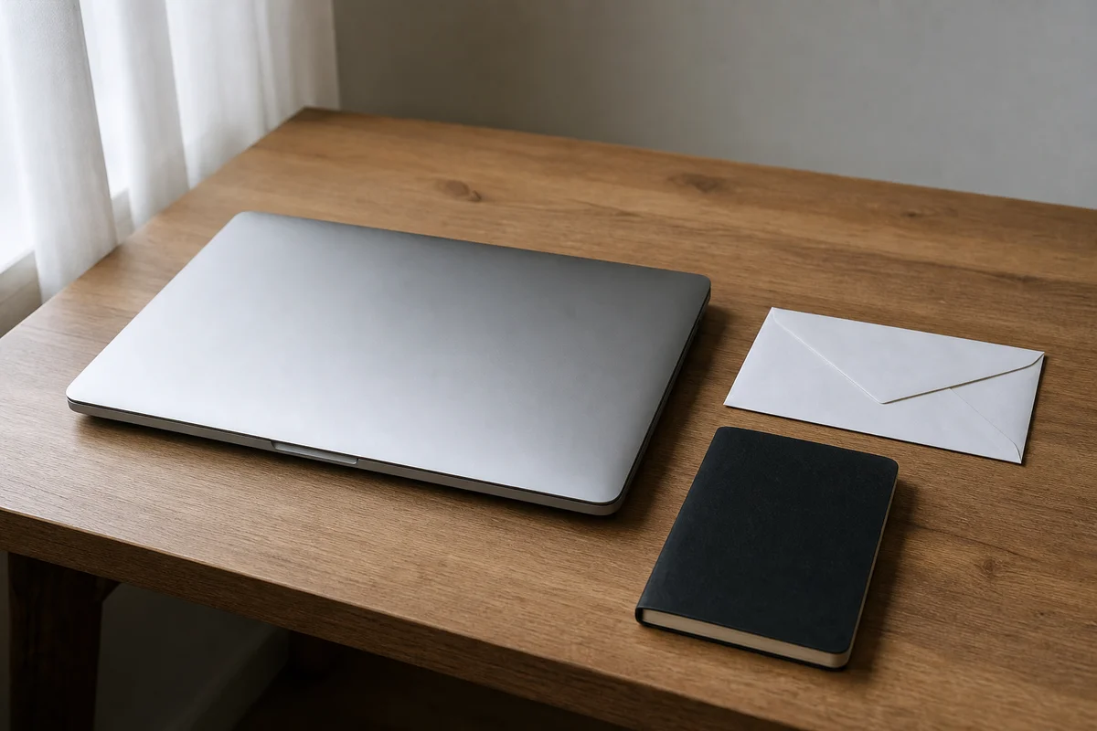 Ein stiller Schreibtisch mit einem alten Laptop, Papiernotizen und einem kleinen Hardware-Gerät, unberührt