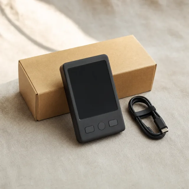 Ein Hardware-Wallet neben seiner Schachtel und dem USB-Kabel auf einem Leinenuntergrund