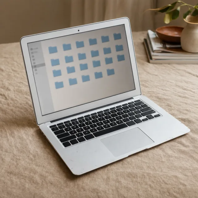 Ein älterer Laptop mit gebrauchtem Aluminiumgehäuse auf einem Leinenuntergrund