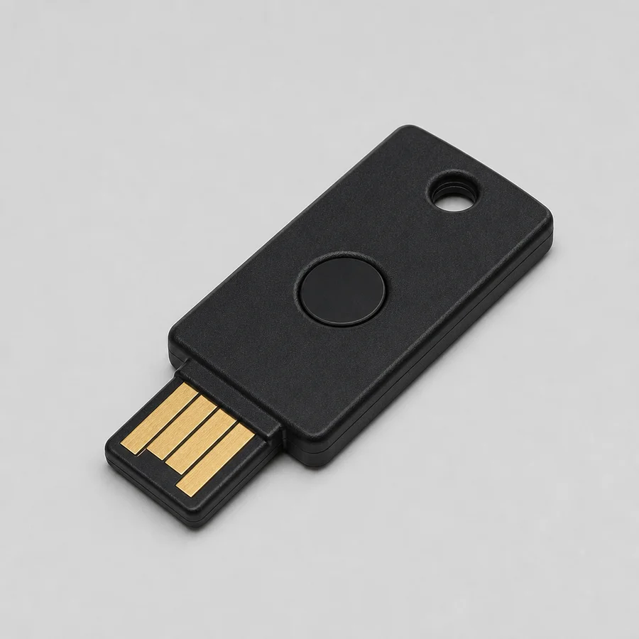 Ein Hardware-Sicherheitsschlüssel (ein kleiner USB-Schlüssel mit Taste), ein häufiges Zwei-Faktor-Gerät